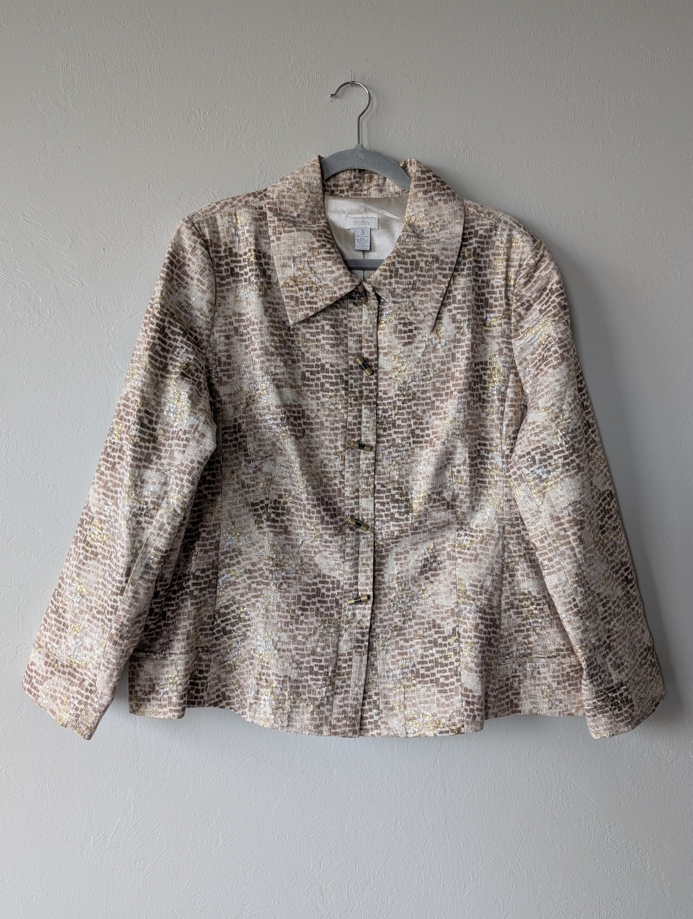 Chico's Textured Festive Shimmer Jacket Blazer Size 3 Metallic Gold Collared